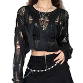 Ripped Knitted Short Sweater with Openwork Holes